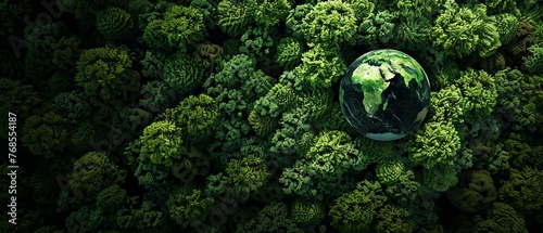 Aerial view of a green forest with a globe earth, Aerial view of a forest with a globe globe, Save the planet, Ecosystem and healthy environment, Globe and Forest.