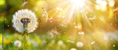 Fresh green background with dandelion seeds blowing in the morning sunshine