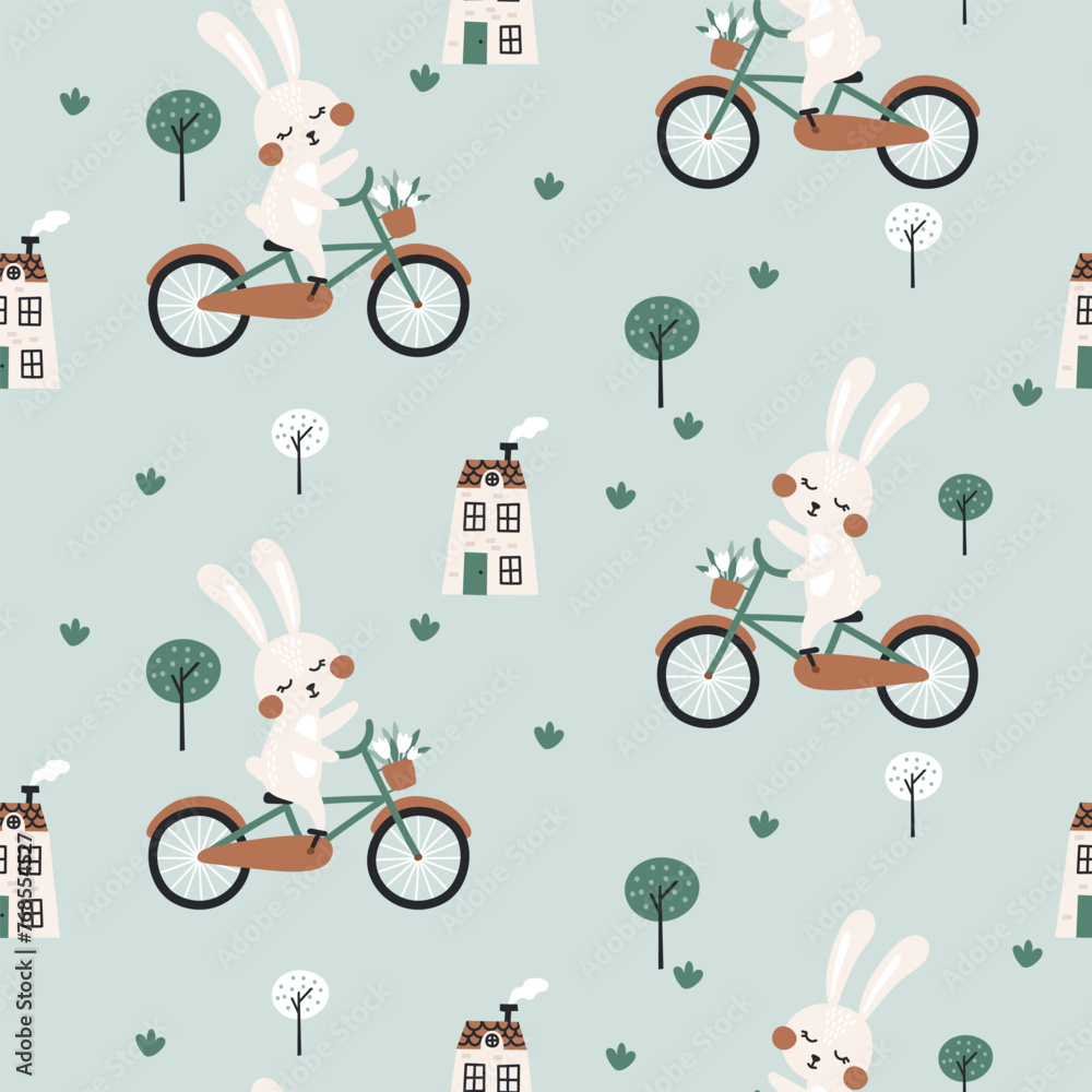 Naklejka premium Seamless pattern with cute rabbit on bicycle. Vector