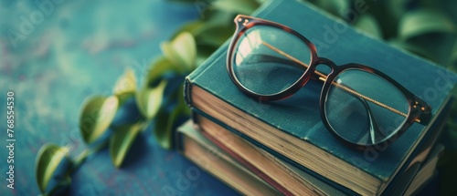 An inspiring quote by an unknown source on a blue background with a stack of books toned with a filter similar to Instagram