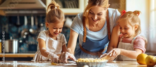 To celebrate Mother's Day, mother and daughter cook holiday pie in the kitchen, a casual lifestyle portrait series done in real life photo