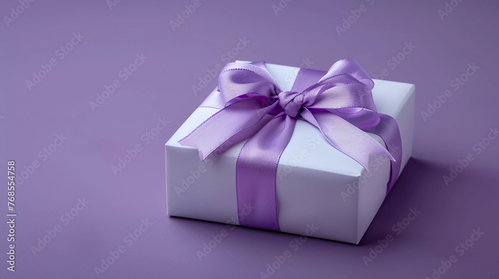 a white gift, wrap a purple bow ribbon, solid purple background a white gift, wrap a purple bow ribbon, solid purple background