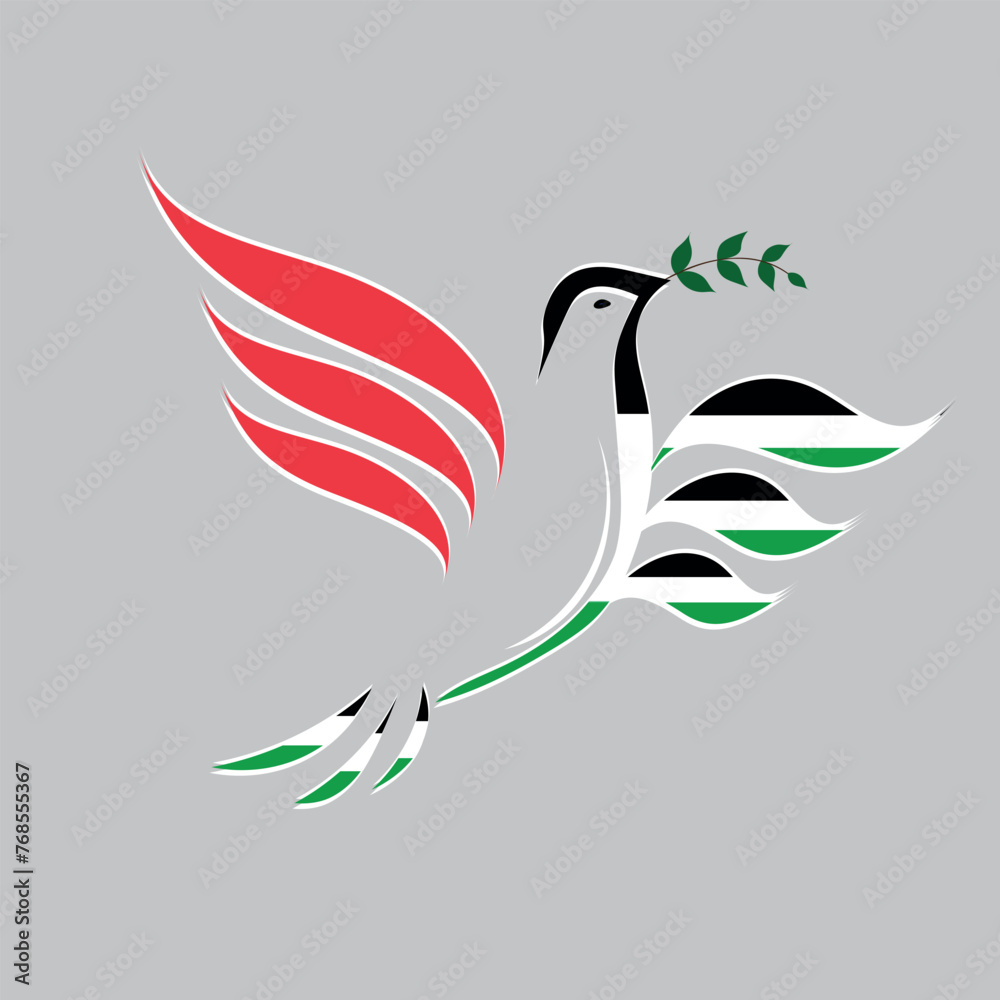 linear silhouette dove with a olive branch in the colors of the Palestine flag. Pigeon Dove Bird in shape of Palestine flag in the struggle for peace. free palestine linear silhouette dove with a olive branch in the colors of the Palestine flag. Pigeon Dove Bird in shape of Palestine flag in the struggle for peace. free palestine