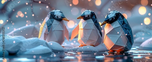 A serene winter scene with origami penguins huddled together, the ice glistening under the aurora