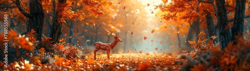 A serene autumn forest scene with origami deer grazing among the colorful, fallen leaves