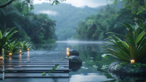 A social media graphic promoting a yoga retreat, with peaceful nature images seen through a glass blur effect, creating a serene and inviting feel. photo