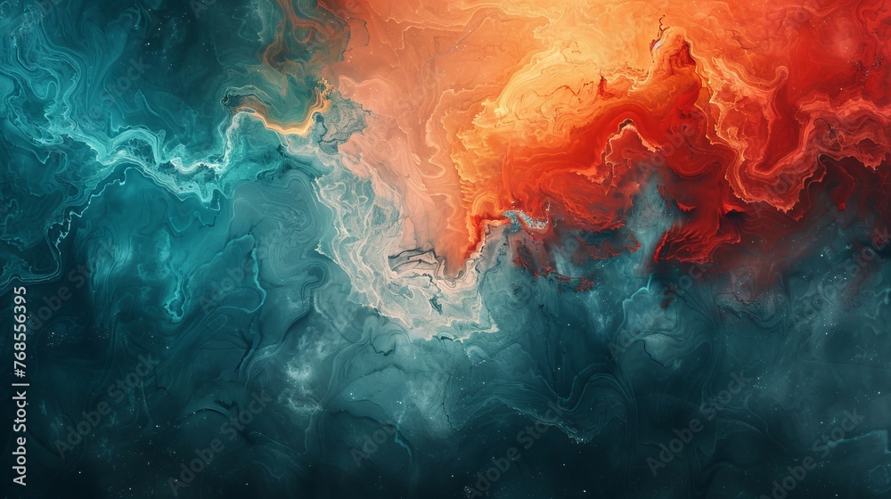 A striking contrast between a vibrant coral and deep teal split background, symbolizing the dynamic interplay of fire and water.