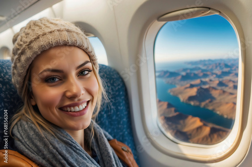 Strahlende junge Frau mit Mütze genießt den Blick aus dem Flugzeugfenster photo