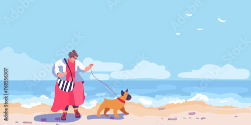 Fat woman in red with a bulldog are walking on the seashore. Beach scene on sea vacation resort. Summer holidays.Ocean coast. Maldives Relax, Rest and Recreation. Flat vector illustration
