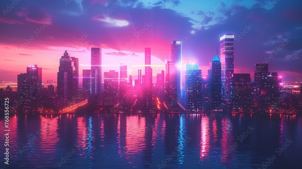 A vibrant cityscape at dusk with buildings outlined in neon lights, using brushes and custom shapes for light streaks and flares. A vibrant cityscape at dusk with buildings outlined in neon lights, using brushes and custom shapes for light streaks and flares.