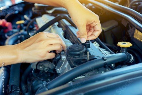 view of hands setting up a throttle in a car engine photo