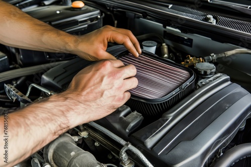 hands installing a new air filter into engine