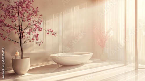 A website hero image for a luxury spa  where the spa s tranquil setting is viewed through a glass blur shape  against a serene  soft color background.