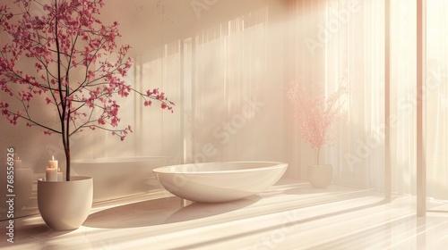 A website hero image for a luxury spa, where the spa's tranquil setting is viewed through a glass blur shape, against a serene, soft color background.