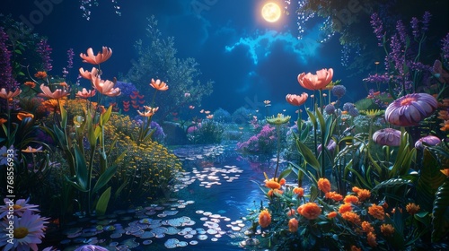 A whimsical garden scene where flowers and plants have faces and personalities, engaging in a lively garden party under the moonlight.