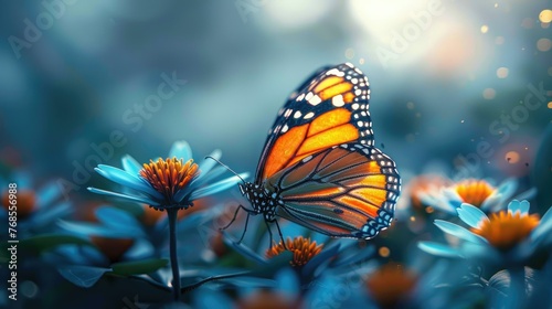 Monarch butterfly on a blue flower with a soft-focus background.