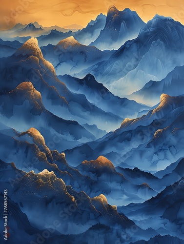 Ray Traced Chinese Ink Painting: Gold and Blue Mountains on Black Background © Muhammad