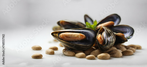 Boiled open chilean mussels (Mytilus chilensis L.) isolated on white background. generative byai.. photo