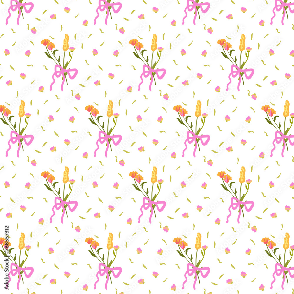 Seamless pattern with wild flowers. Summer floral background in retro style. Bright backdrop for wallpaper and fabric with a bouquet. Suitable for cards, backgrounds and invitations. For bed linen