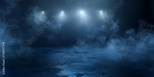 Empty street scene background with abstract spotlights light. Night view of street light reflected on water. Rays through the fog.