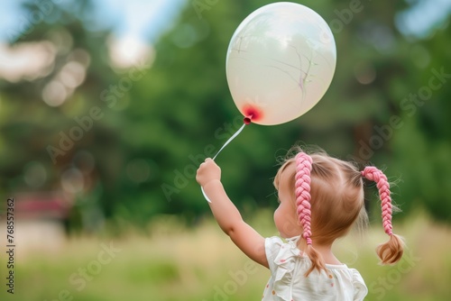 child with pink braided pigtails holding a balloon