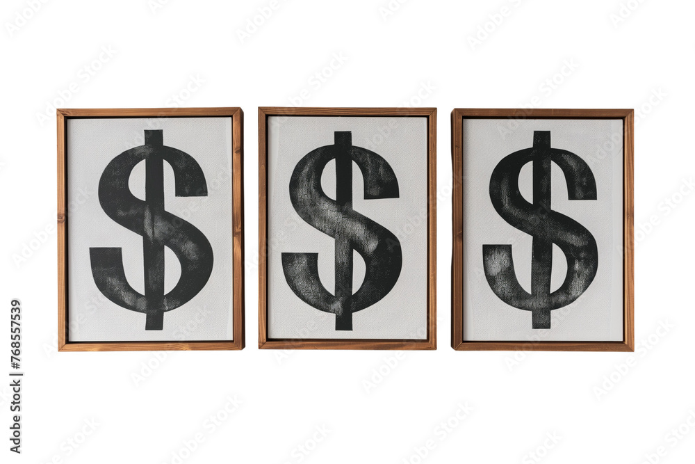 3 beautiful framed paintings with dollar signs isolated on transparent background, Generative AI 3 beautiful framed paintings with dollar signs isolated on transparent background, Generative AI