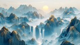 Chinese Landscape Art: Mountains, Waterfalls, Blue Gradient, Bright Gold Accents