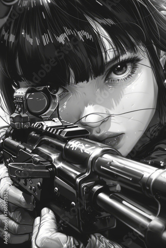 Dynamic Manga Panel Featuring Girl with Bangs Aiming AK-47 Rifle in Close-Up Scene photo