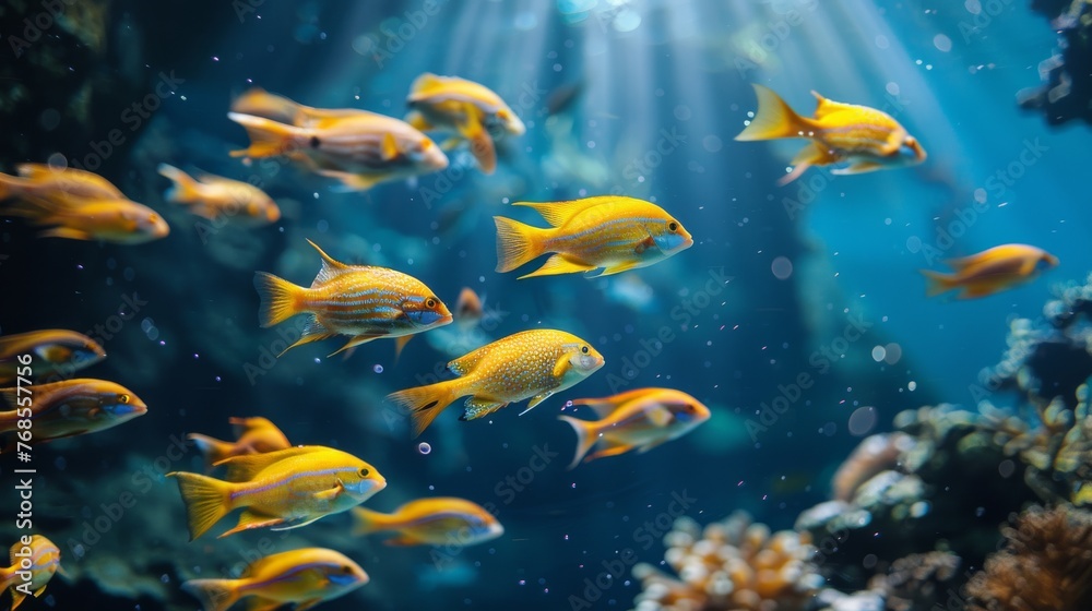 Vibrant tropical fish swimming in a sunlit coral reef aquarium