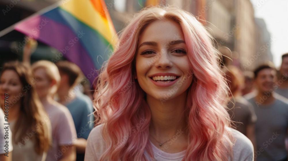 Portrait of beautiful young woman on the street during pride parade with rainbow LGBT flag in the background