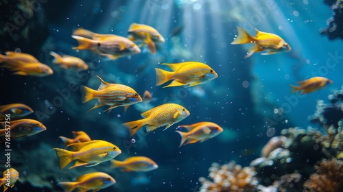 Vibrant tropical fish swimming in a sunlit coral reef aquarium