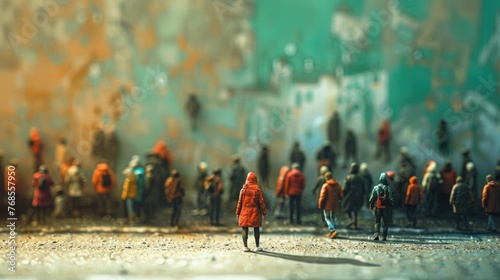 Miniature figures representing a crowd with a prominent individual in red walking in an urban setting
