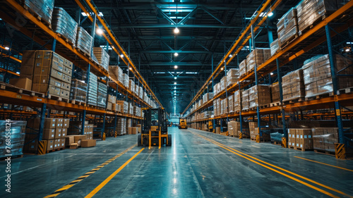 Warehouse or storehouse with rows of boxes on shelves. Industrial background.
