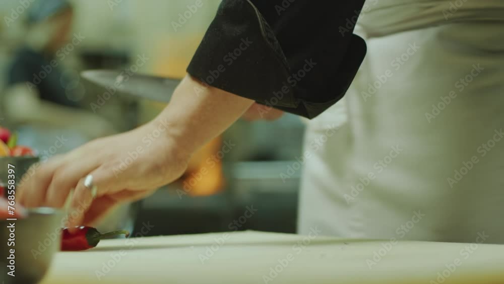 Professional chef putting sliced red onion into steel bowl, then cutting red hot chili pepper at table in restaurant kitchen. Tilt-up shot, close-up view Professional chef putting sliced red onion into steel bowl, then cutting red hot chili pepper at table in restaurant kitchen. Tilt-up shot, close-up view