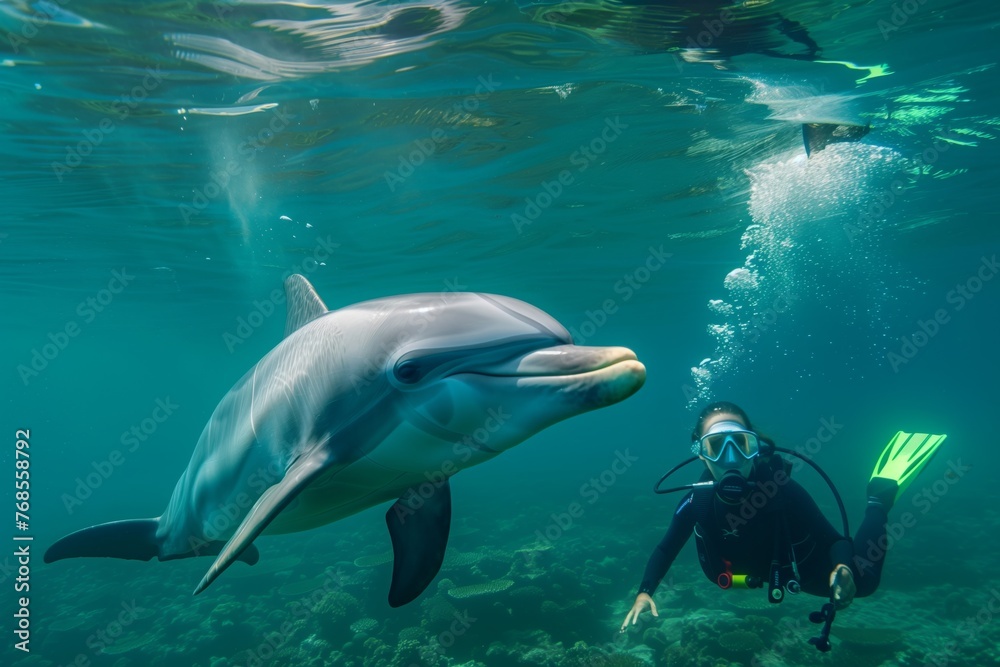 dolphin playfully interacting with a person doing snorkeling