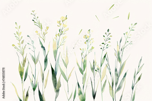 Watercolor painting of light green leaves and branches on a soft background