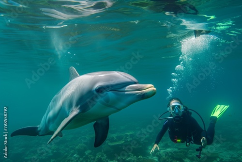 dolphin playfully interacting with a person doing snorkeling © studioworkstock