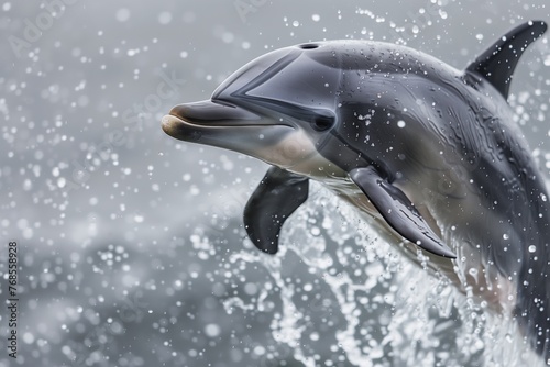 a closeup of a dolphin midair with water droplets photo
