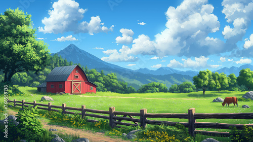 landscape with Red barn in a field with clouds