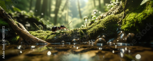 Ant in green nature near water or forest brook. Ants drinking detail, copy space for text. photo