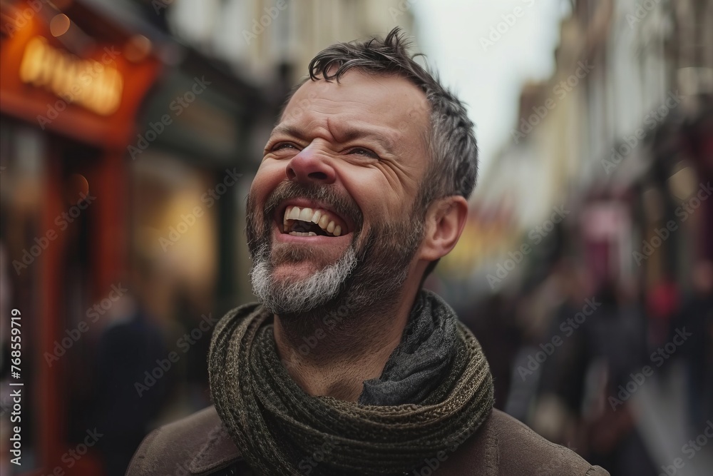 Portrait of a middle-aged man laughing in the street. Portrait of a middle-aged man laughing in the street.