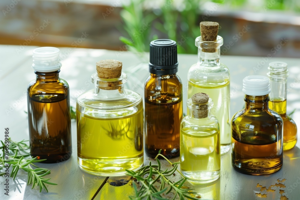 a selection of carrier oils and essential oil bottles a selection of carrier oils and essential oil bottles