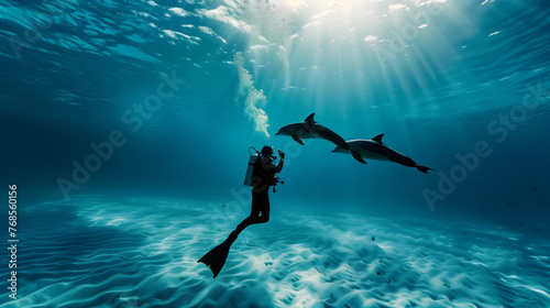Diver's Magical Encounter with Playful Dolphins Underwater  © Attila