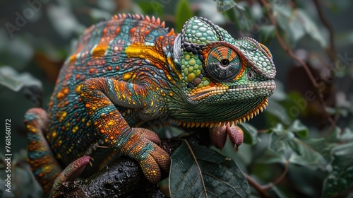 Vibrant chameleon on a branch with lush green foliage in the background, showcasing its colorful scales and intricate patterns.
