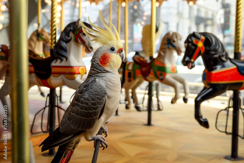 cockatiel on a leash with carousel horses in view