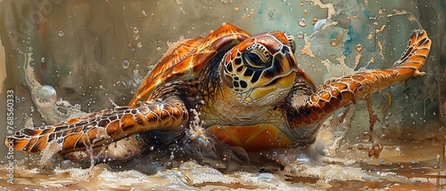 A content turtle in a chocolate spa, with cocoa bubbles floating around, captured in vibrant watercolor shades , Watercolor