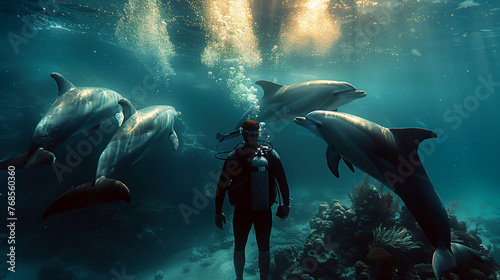 Dolphins Guiding Diver Through Magical Underwater Scene  © Attila