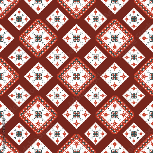 National folklore polish mazurian embroidery style red, green and white ornamental seamless vector pattern