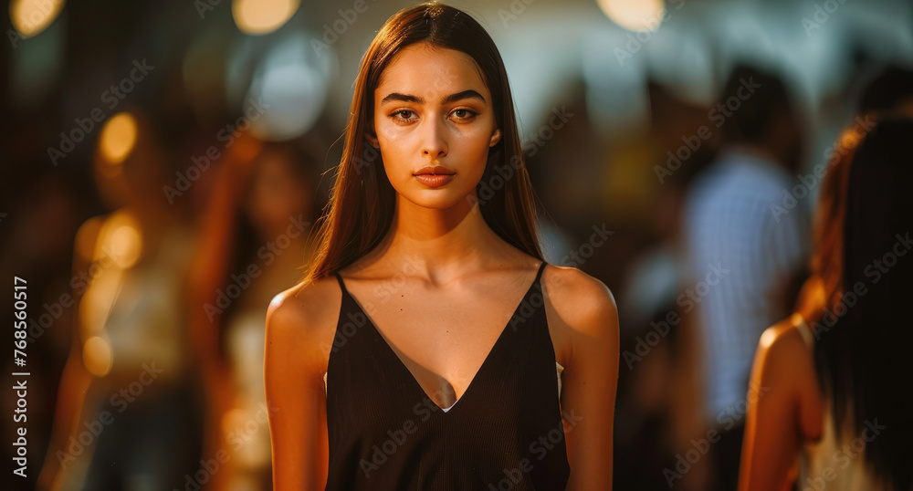 A beautiful brunette model with straight hair was in the middle of an elegant fashion show, wearing a black top and white skirt