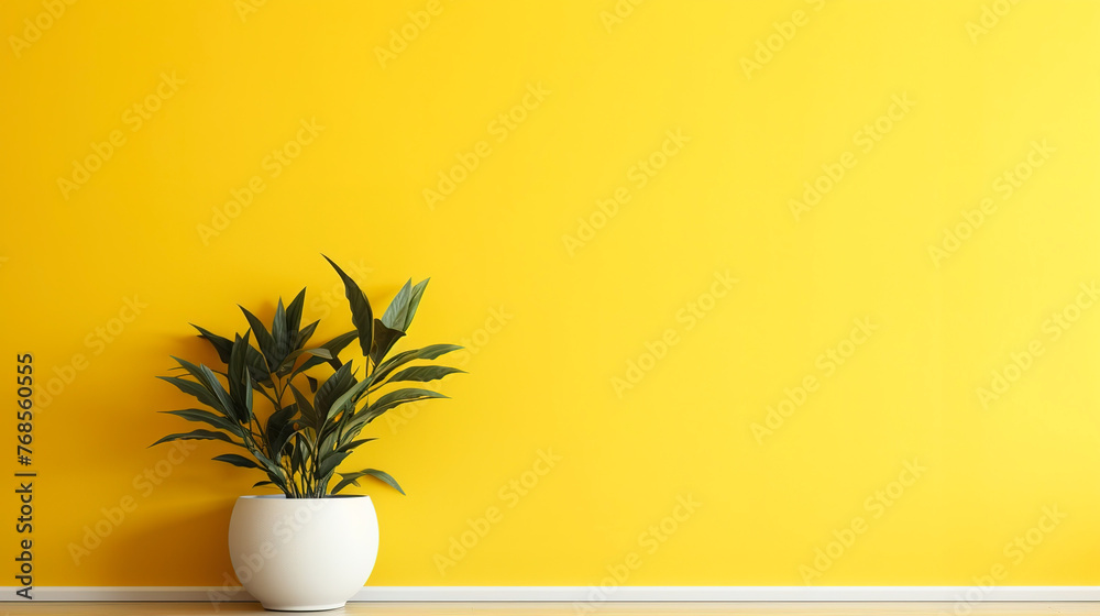 plant in the pot. A houseplant in a pot stands on the floor against a yellow wall. banner with copy space and place for text. banner plant in the pot. A houseplant in a pot stands on the floor against a yellow wall. banner with copy space and place for text. banner